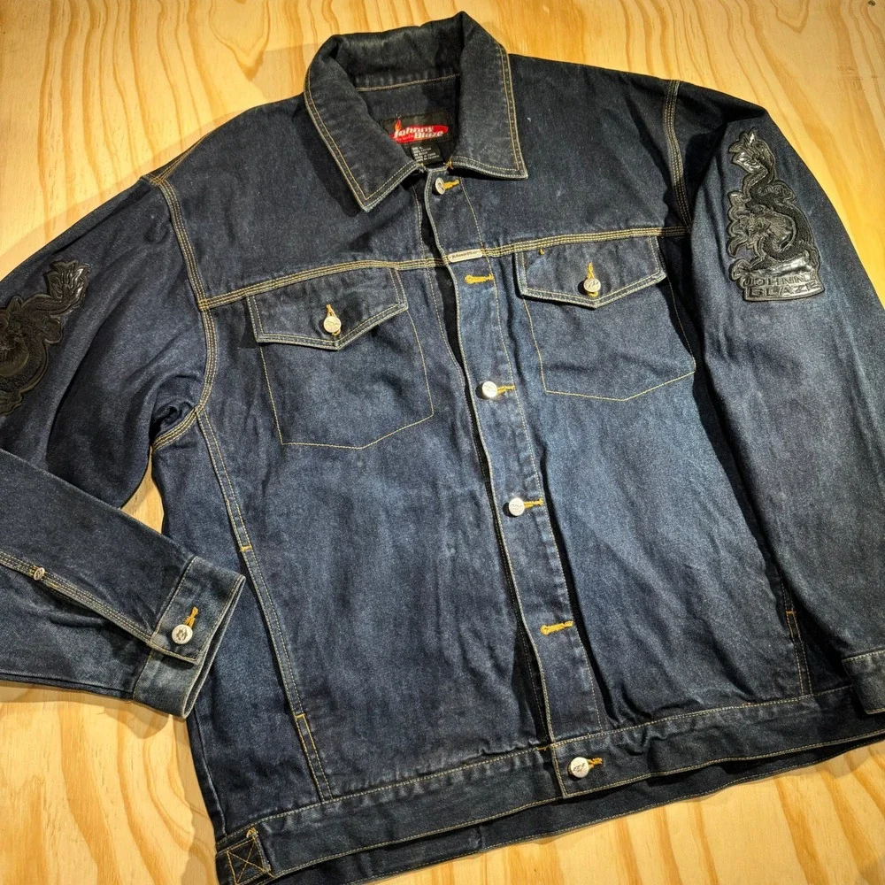 Johnny Blaze Men's Vintage Embroidered Dragon Dark Wash Denim Trucker Jacket XL